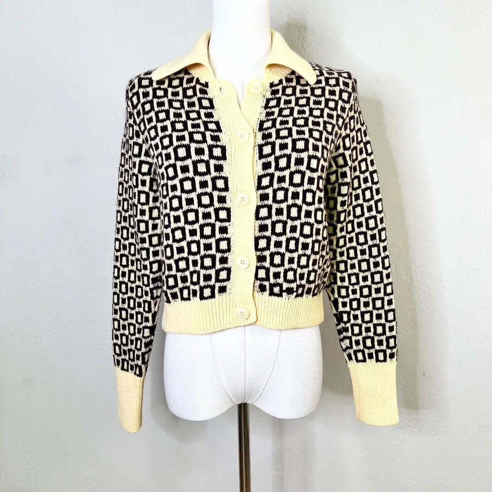Zara‎ Cardigan Sweater Geometric Collared Size Small Yellow NEW Retro Wool Blend